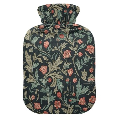 Retro Sage Green Red Floral Hot Water Bottle with Cover, 2Liter Soft Velvet Winter Warm Water Bag for Neck and Shoulder Pain Relief Period Cramps Bed Hand Feet Warmer