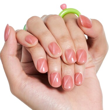 GLAMERMAID Press on Nails Extra Short Squoval, Nude Pink Cat Eyes Spring Summer Handmade Gel Glue on Nail, 24Pcs Glossy Round Reusable UV Finish Fake Nails Acrylic False Nails Manicure Kits for Women