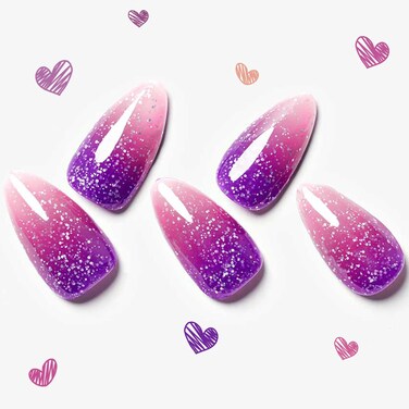 GLAMERMAID Hamdmade Thermo Color Changing Press on Nail Medium Almond, Thermochromic Glitter Purple Pink Ombre Crush Nail, Shrimmer Stiletto Fake Nail, Short Oval Stick Glue on False Nails for Women