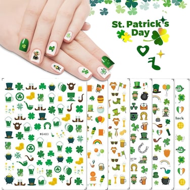 St. Patrick's Day Nail Art Stickers Decals, 3D Self-Adhesive Luck of The Irish Nail Decals Leprechaun Shamrock Nail Sticker for Women Girls Acrylic Nail Decorations 6 Sheets