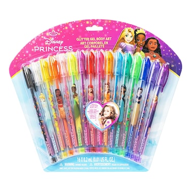 Townley Girl Disney Princess 16 Piece Glitter Pen Body Art Set, Glittery and Bright Colors, Ages 3