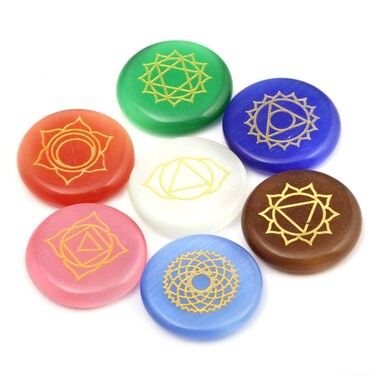 7 Chakra Healing Stone Set, Engraved Round Flat Pocket Stones Reiki Cat's Eye Stones Set of 7 Gift Christmas Birthday Gift
