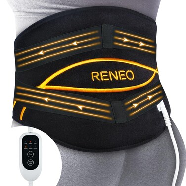 RENEO Lower Back Heating Pad with Compression Belts, Wearable Back Warmer, Heated Brace Wrap Around Heating Pad for Lumbar, Stomach, Sciatic Nerve, 3 Heat Levels, Machine Washable