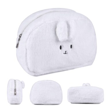 Makeup Bag Plush Bag Kawaii Makeup Bag Cute Cosmetic Bag White/Grey/Brown Makeup Bag Fluffy Makeup Bag Travel Toiletry Bag Cute Plush Rabbit Makeup Bag(White)