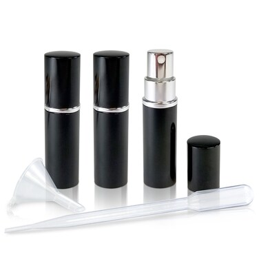 Refillable Perfume &amp; Cologne Fine Mist Atomizers with Metallic Exterior &amp; Glass Interior - 5ml Portable Travel Size - 3ml Squeeze Transfer Pipette Included (3 Pack, Black)