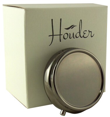 Houder Classy Gray Metal Pill Box Decorative Pill Case with Gift Box - Carry Your Meds in Style (Round)