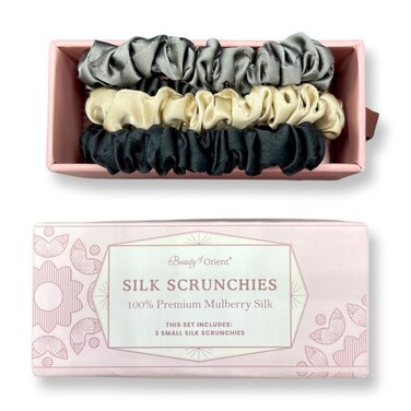 Silk Scrunchies   Premium Handcrafted 25 Momme Mulberry Silk Hair Bands   Elastics Ties Ponytail Holders and Hair Accessories (Small Scrunchies (3), Bedrock, Midnight, Champagne)