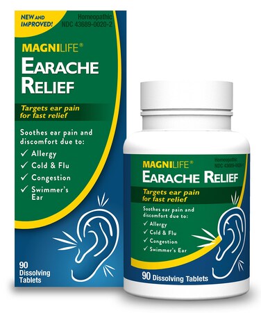 MagniLife Earache Relief, Fast-Acting Natural Relief for Swimmers Ear, Pain and Discomfort from Allergies, Cold and Flu - 90 Quick Dissolve Tablets