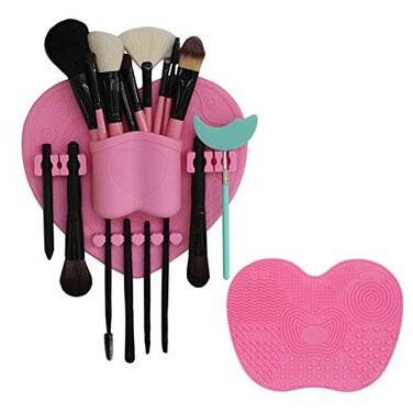 Silicone Makeup Brush Organizer + Makeup Brush Cleaner Mat - Makeup Brush Holder for Air Drying. Easy to Mount to Wall,Mirror, Dresser or Tile (Black)