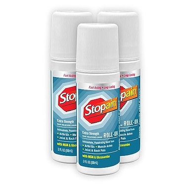 Stopain Pain Relief Roll On Gel 3oz (3 Pack) USA Made, Max Strength Fast Acting with MSM, Glucosamine, Menthol for Lower Back, Knee, Neck, HSA FSA Approved Topical Analgesic Products