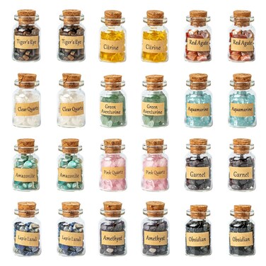 KHOCOEE 24 Gemstone Bottles Chip Crystals and Healing Stone, Chakra Healing Crystals Bottles, Wicca Gem Stones Set, Witchcraft Crystals