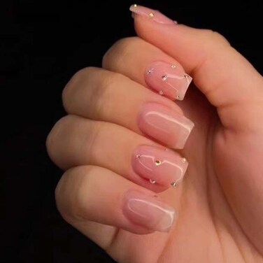 Nude Fake Nails Short Square Press on Nails Cute Crystal Gem Design Nails Tips Acrylic Full Cover False Nails for Women and Girls 24Pcs