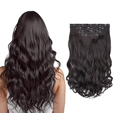SYXLCYGG Dark Brown Hair Extensions 4pcs Synthetic Wavy Hair Extension 18" 5.5 Oz Curly Hair Piece Women Cheap Natural Fluffy&amp;Not Tangled Full Head