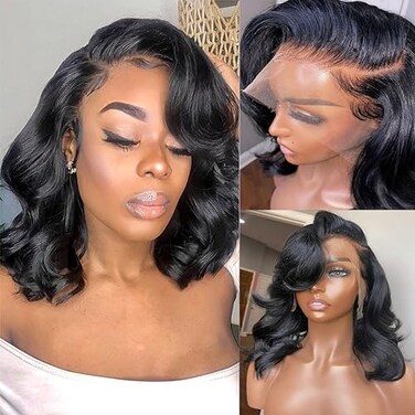 Bob Wig Human Hair 13x6 Lace Front Wigs 14 Inch Loose Body Wave HD Lace Frontal Wigs Glueless Wigs Human Hair Pre Plucked Wear and Go Short Bob Wigs for Black Women Natural Black Color