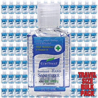 EcoFinest 2oz Hand Sanitizer Bulk Pack 96 PIECE No Rinse 75% Alcohol Travel Size Individual (BULK 96 PACK)