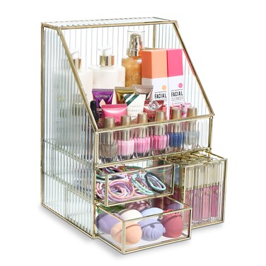 Nicole Miller Glass Organizer - Elegant Vanity Storage with a Touch of Gold, Great for Lipsticks and Brushes, Clear Visibility, Stadium with Drawers
