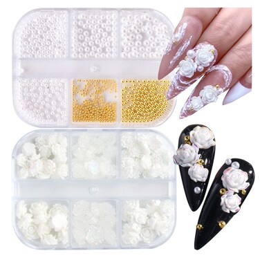 90 Pcs 5D Mixed White Flower Camellia Nail Art Set and 900 Pcs 3D Nail Art Supplies Round Pearls Caviar Beads Nails Charms Tips Glitter Accessories for Women Acrylic Decorations