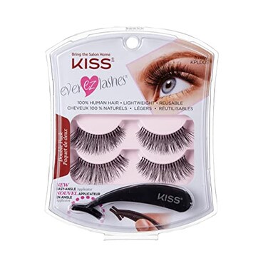 KISS Ever EZ Lashes Double Pack #11 with Easy Angle Lash Applicator, Easy-To-Apply Lightweight False Eyelashes, 100% Cruelty-Free Natural Human Hair, Reusable and contact lens friendly, 2 Pairs Black
