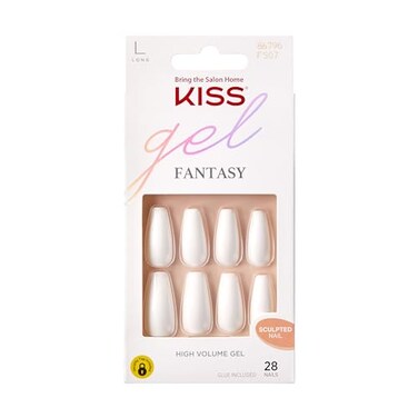 KISS Gel Fantasy Press On Nails, Nail glue included, 'True Color', White, Long Size, Coffin Shape, Includes 28 Nails, 2g glue, 1 Manicure Stick, 1 Mini File