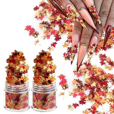 3D Holographic Glitter Fall Nail Art Maple Leaf Sequins Flake Maple Leave Shaped Red Yellow Orange Mixed Metallic Design Spangles for Acrylic Nails Women Girls Manicure Kit Decorations (2 Pot)
