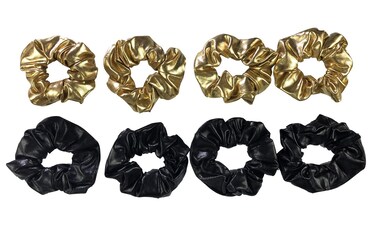 8 Pack Black and Gold Leather Hair Scrunchies Scrunchy Bobbles Elastic Hair Bands Ties Hair Accessories Metallic Wrist Band Cosplay Show for Women Girls