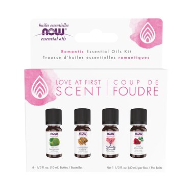 NOW Essential Oils, Love at First Scent Aromatherapy Kit, 4x10ml Including Bergamot, Cinnamon Cassia, Rose Absolute and our Naturally Loveable Essential Oil Blend With Child Resistant Caps