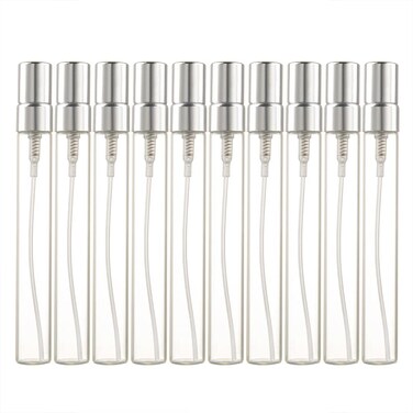 Enslz 10ml 10pcs Glass Spray Bottle Refillable Perfume Atomizer Mini Sample Test Bottle Thin Glass Vials (Silver)