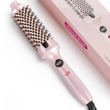 Thermal Hair Brush for Blowout Look, 1.5 Inch Heated Round Brush for Natural Curl,Ionic Curling Iron Brush with Dual Voltage, Volumizing Smoothing Hot Round Brush, Light Pink