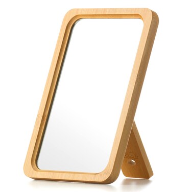 Natural Bamboo Desk Table Mirror, Folding Makeup Mirror with Handheld/Stand,Portable Small Tabletop Mirror Good for Travel, Cosmetic, Office,5.1" W x 7.5" L