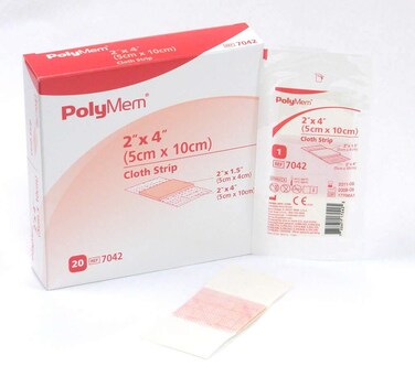 PolyMem Cloth Strip Wound Dressing, Sterile, Foam, 2' X 4' Adhesive, 2' X 1.5' Pad, 7042 (Box of 20)