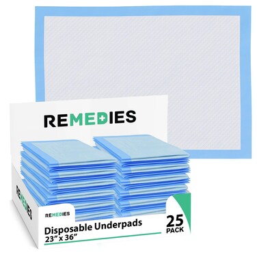 Remedies - Disposable Bed Pads 23" x 36" - 25 Count - Large Bed Pads for Incontinence - Seniors, Adults &amp; Kids Chucks Pads - Adult Absorbent Incontinence Disposable Underpads for Beds &amp; Furniture