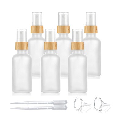 6 Pack,50ml/1.7 oz Frosted Glass Fine Mist Atomiser,Empty Thick Glass Perfume Atomizer Spray Pump Bottle with Bamboo Cap Travel Refillable Vial for Liquid Fragrance Cosmetic Container