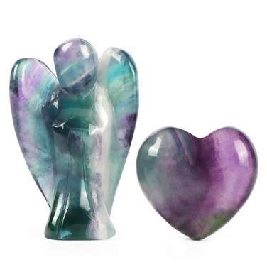 Artistone Rainbow Fluorite Crystal Guardian Angel and Heart Stone Set,Natural Healing Pocket Angel Figurines Small Love Heaven Gemstones for Your Love