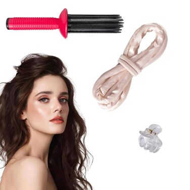 Heatless Curling Rod Headband with Hair Clips and Scrunchie, Hair Brush Styler for Curly Hair, Sleeping Curls Silk Ribbon with Hair Rollers for Long Hair (3Pcs-White)