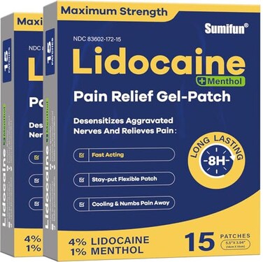 Sumifun 4% Lidocaine Patches Plus 1% Menthol - 30 Counts Maximum Strength OTC Pain Relief Patches for Back Ache Stiff Neck Joint Pain Muscle Soreness Topical Analgesic FSA or HSA Eligible