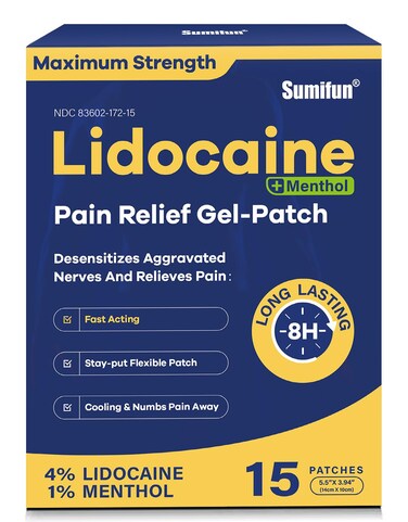 Sumifun 4% Lidocaine Patches Plus 1% Menthol - 15 Counts Maximum Strength OTC Pain Relief Patches for Back Ache Stiff Neck Joint Pain Muscle Soreness Topical Analgesic FSA or HSA Eligible