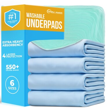 Simpli-Magic Washable Underpads, 34x 36" (Pack of 4) - Heavy Absorbency Reusable Bedwetting Incontinence Pads for Kids,Adults,Elderly,andPets - Waterproof Protective Pad for Bed,Couch,Sofa,Floor