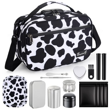 Large Cosmetic Organization Bag with 11 Small Items, Portable Cosmatic Makeup Storage Case with Combination Lock For Home and Travel,(Cute Cow Print) Black and white