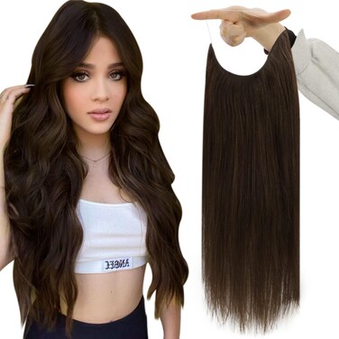 Fshine Human Hair Wire Hair Extensions Dark Brown 14 Inch Straight Brunette Invisible Wire Hair Extensions with Transparent Fish Line 70 Grams Straight Secret One Piece Clip in Hair Extensions