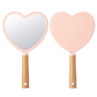 YEAKE Hand Held Mirror with Handle for Makeup,Small Cute Wood Hand Mirror for Shaving with Hole Hanging Single-Sided Portable Travel Vanity Mirror for Men&amp;Women(Heart,Pink,1Pack)