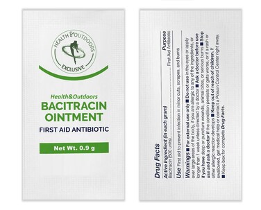 HEALTH &amp; OUTDOORS Bacitracin Ointment, First Aid, 50 Count .9g Packets - for Cuts, Burns, Abrasions, Wounds and Scrapes