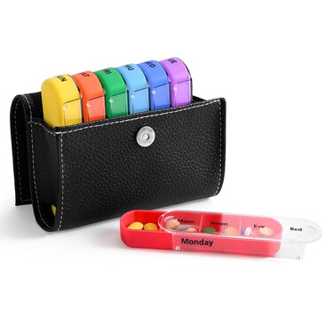 Weekly Pill Organizer Box Case Travel Medication Reminder Daily AM PM, Day Night 7 Compartments in Leather Carrying Case