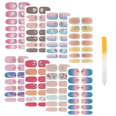 SIUSIO 112pcs 8 Sheets Full Nail Wraps Stick on Gel Nail Polish Strips Stickers Elegant Gradient Glitter Nail Adhesive DIY Nail Art Sticker with 1PCS Crystal Glass Nail Files for Women Girls