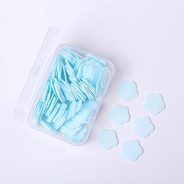 100Pcs Blue Mini Portable Travel Soap Paper Sheets,Flower Shape Disposable Paper Soap Flakes, Cleaning Washing Hand Toiletry Paper Soap Sheets Foot and Hand Care