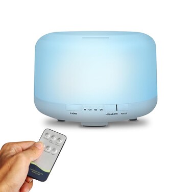 500ml Premium Essential Oil Diffuser with Remote Control. Ultrasonic Aromatherapy Humidifier Vaporizer. 7 Colors Lights. Comes with Timer &amp; Auto-Off for Home &amp; Office (White)