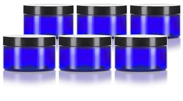 JUVITUS 2 oz Cobalt Blue Heavy Wall Plastic Refillable Low Profile Jar with Black Smooth Lid (6 pack)