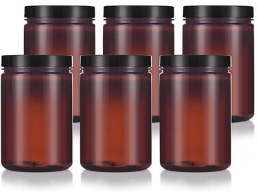 25 oz Large Amber PET Plastic (BPA Free) Refillable Empty Jar (6 pack, Black Smooth Foam Lined Lid)