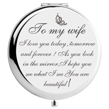 Ming Heng Personalized Travel Pocket Small Silver Makeup Mirror, for His Wife's Birthday, Wedding Anniversary, Valentine's Day, Wedding, Mothers Day,Thanksgiving Christmas Romantic Gift