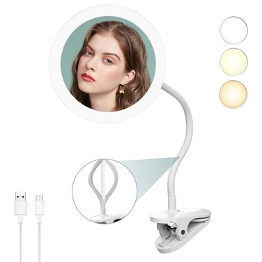 6.5" Clip On Magnifying Vanity Mirror With Light, 5X Magnifying Clip-on Gooseneck Vanity Mirror, 2000mAh USB Magnifying Mirror with Clip, Lighted Makeup Mirror Clip-on, Travel Makeup Mirror (White 5X)
