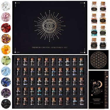 Set of 50 Crystals and Stones   Healing Crystals in Spell Jars with Cork   Witchcraft Supplies   Real Crystal Kit with Crystal Grid